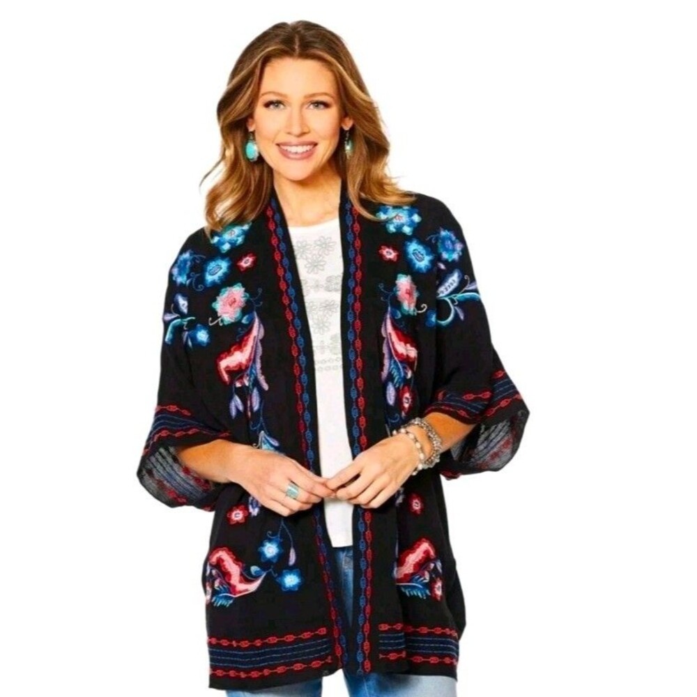 Curations Black Embroidered Floral Gauze Open Kimono Cardigan Bohemian Sz 2X/3X